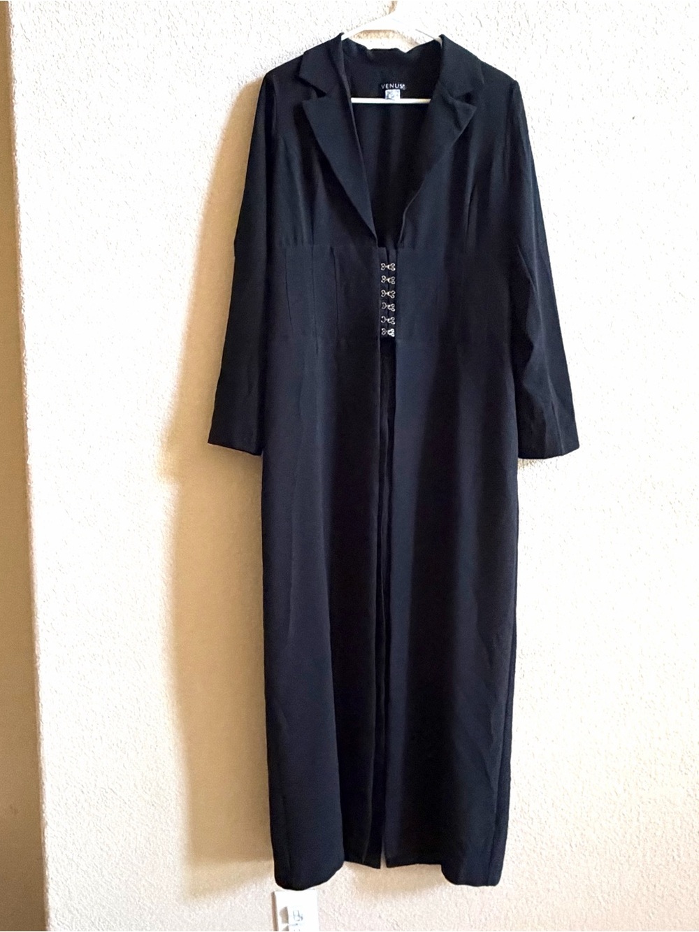 VENUS Black Longline Blazer Duster Jacket Womens 10 Corset Lace Back Hook & Eye